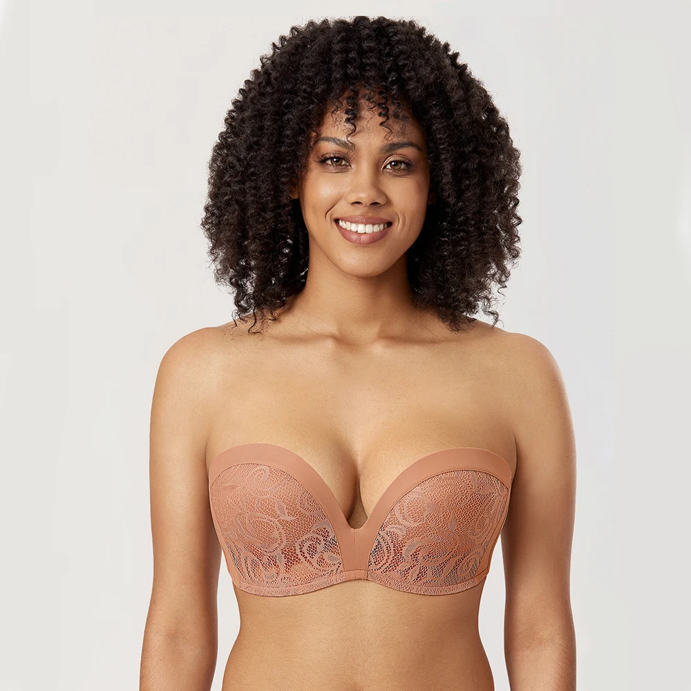 Women Plus Size Strapless Bra Lace Slightly Padded Underwire Push Up Bras Lift Great Support Underwear DD E F
