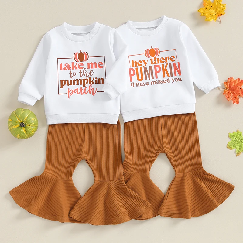 

Модель 2023 года, 08-16, Lioraitiin, одежда для маленьких девочек на Хэллоуин, свитшот с тыквой и штаны с колокольчиками, Осенние комплекты одежды