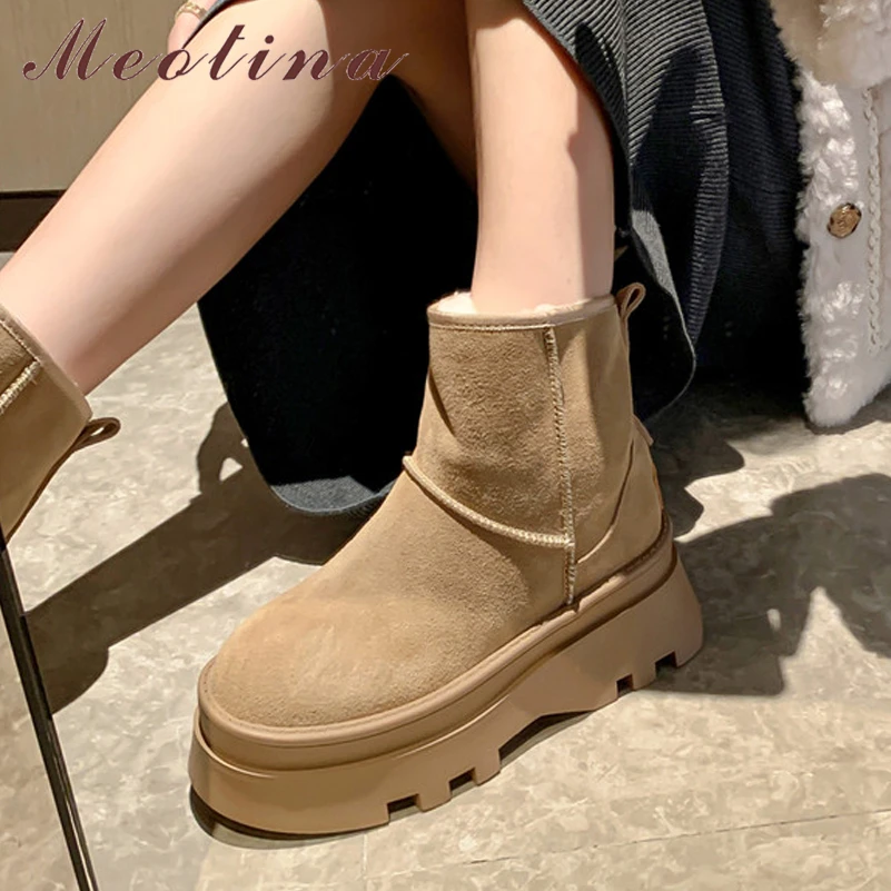 

Женские замшевые ботильоны Meotina, зимние полусапожки из натуральной воловьей кожи, на меху, с круглым носком, на плоской платформе, Осень-зима