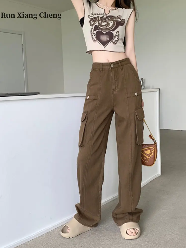 Women's Pants 2023 New Fashion Denim Cargo Pants Y2k Vintage High Waist Loose Slim Pocket Trousers Streetwear Wide Leg Pants
