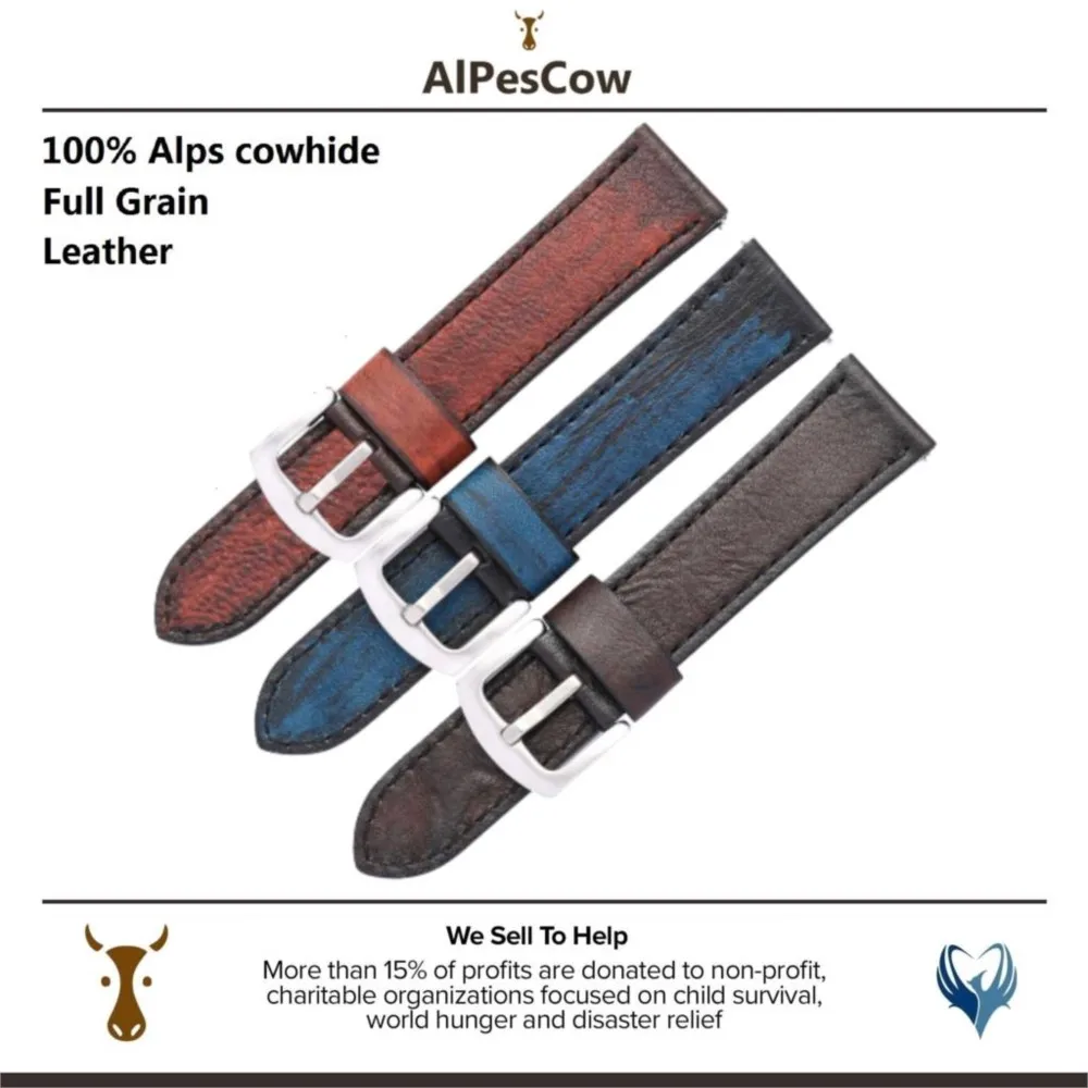 Original Thin Customized Men 20mm 22mm Cowhide Watch Strap Handmade Vintage Leather Watch Band