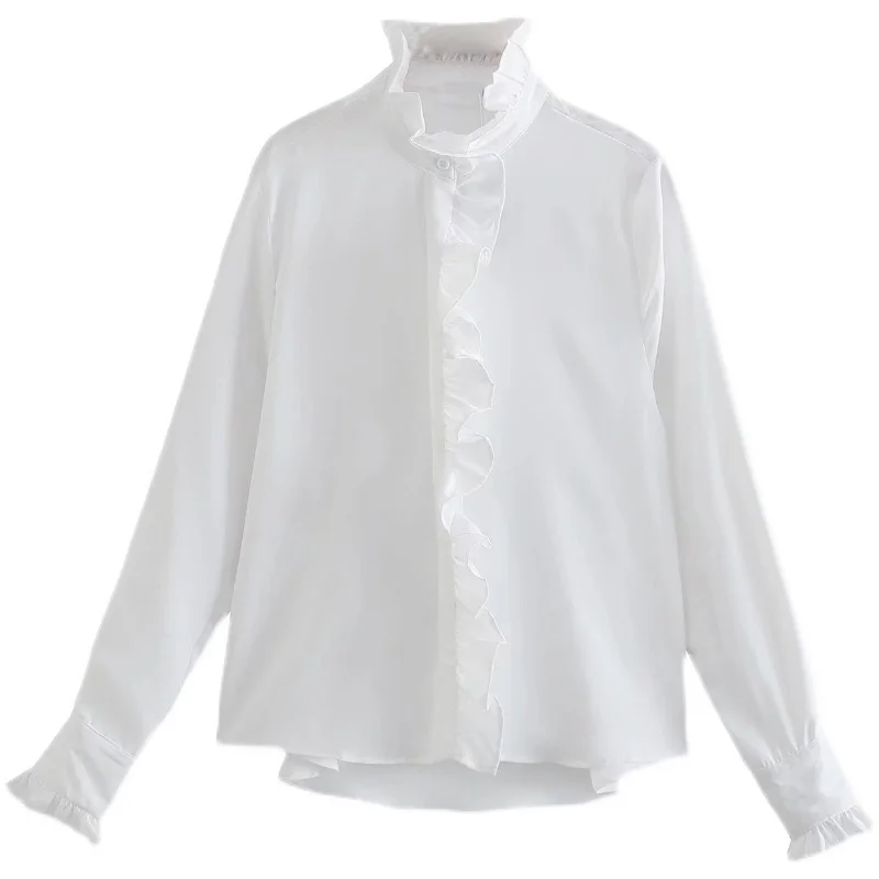 

SuperAen Korean Style Women's New 2022 Retro Office Lady White Fungus Edge Buttons Up Shirt