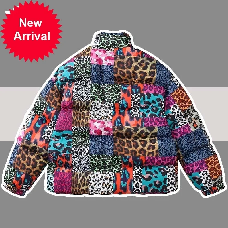 Padded Winter Hip Hop Parka Men Leopard Print Patchwork Thick Warm Jackets Streetwear Harajuku Outerwear Oversize Cotton Coats