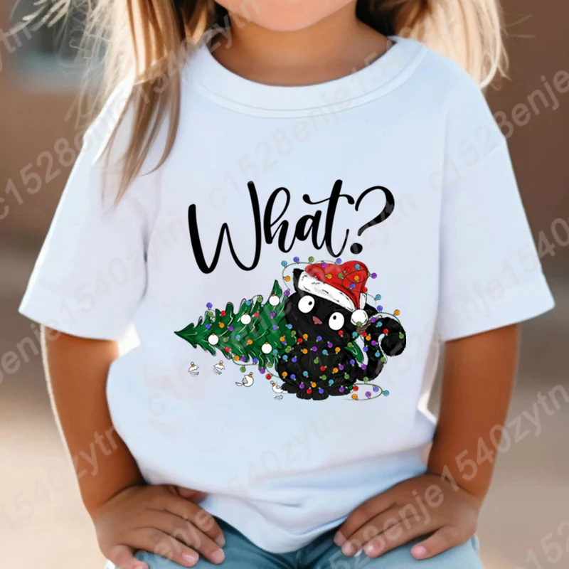 Christmas Light Black Cat What Graphic T-shirt Summer Short Sleeve Round Neck Tops Children Girls Fashion T-Shirt Casual