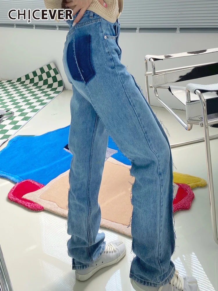 

CHICEVER Minimalist Hit Color Denim Pants For Women High Waist Patchwork Pockets Full Length Straight Jeans Female 2022 Clothing