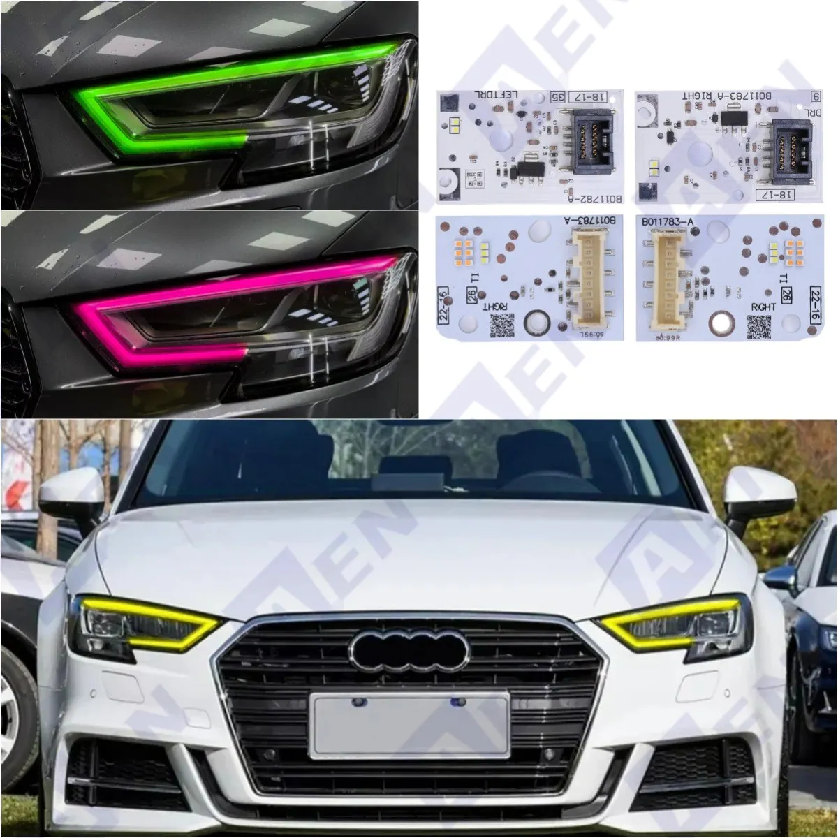 Фото Светодиодные платы без RGB DRL для 2017-2020 AUDI A3 S3 RS3, полные светодиодные фары, модули дневных ходовых огней, красный синий 8V0998473A №1