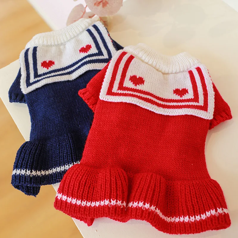 

Navy Wool Skirt Pet Dog Clothes Sweater Heart Dress Dogs Clothing Cat Small Cute Warm Autumn Winter Fashion Red Girl Chihuahua