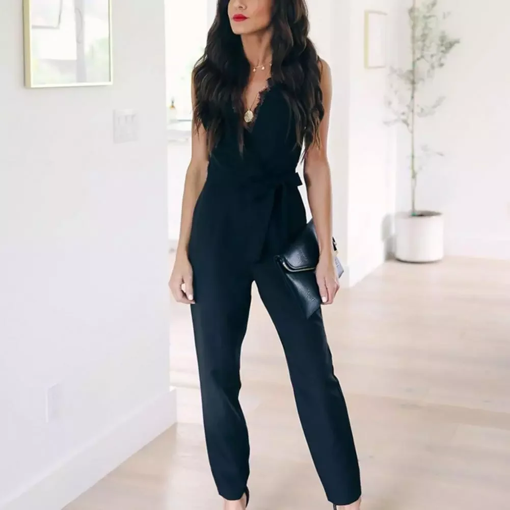 

Black Sexy Women Sleeveless Tight Waist Jumpsuit Temperament Jumpsuit V Neck for Work