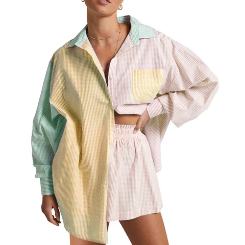 New Women Tracksuits Long Sleeve Shirt With Mini Shorts Striped Two Pieces Sets Ladies Outfits Blouses Fashion Clothes