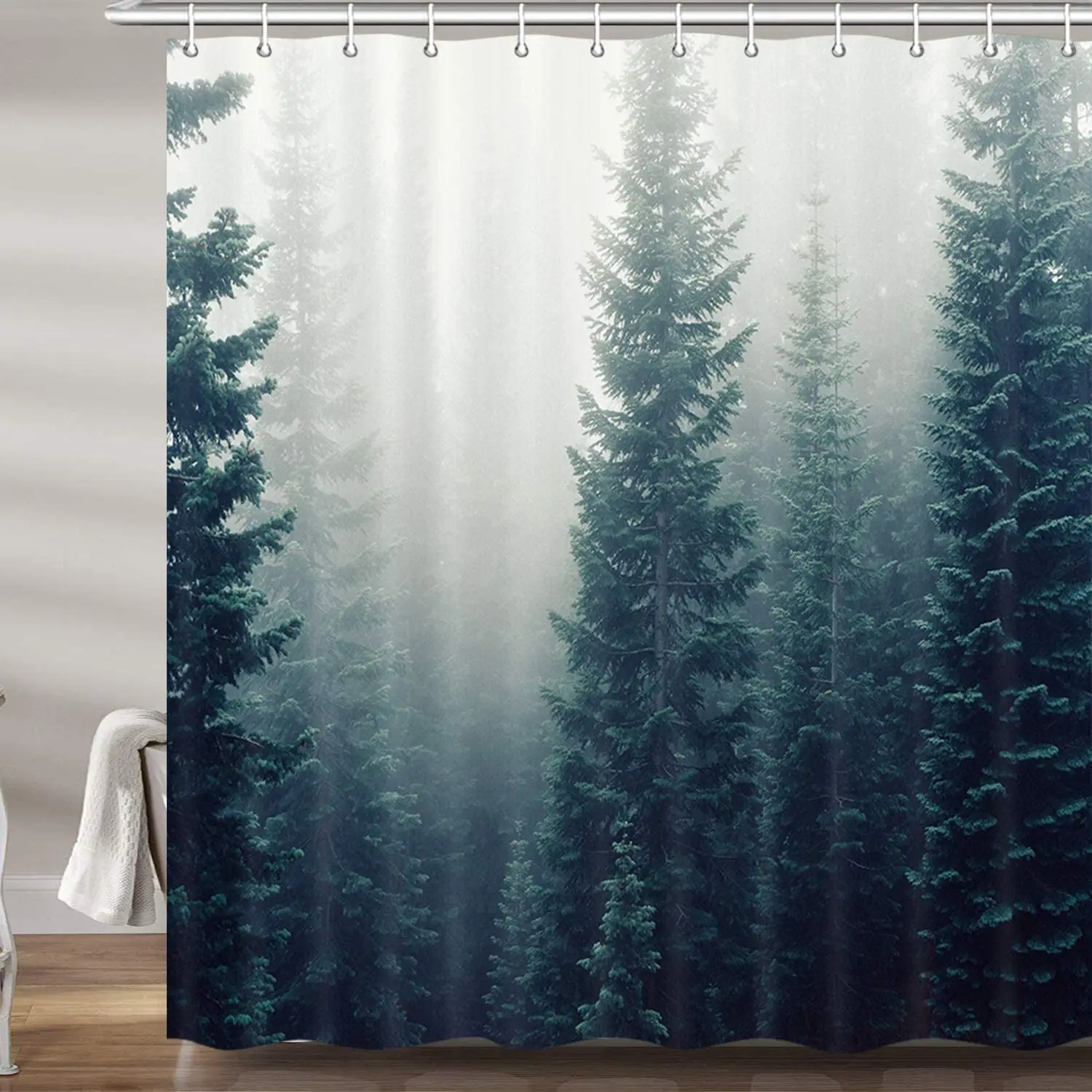 

Foggy Forest Decor Shower Curtain Rustic Fir Pine Forest Nature Mountain Landscape Upgrade Polyester Fabric Bath Curtains Set