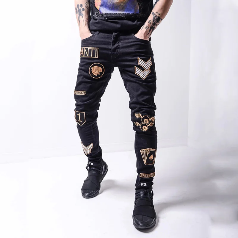 New Trend Mens Jeans Patch Embroidery Elastic Slim Men Pencil Pants Fashion Solid Color Patchwork Denim Pants Boyfriend Jeans