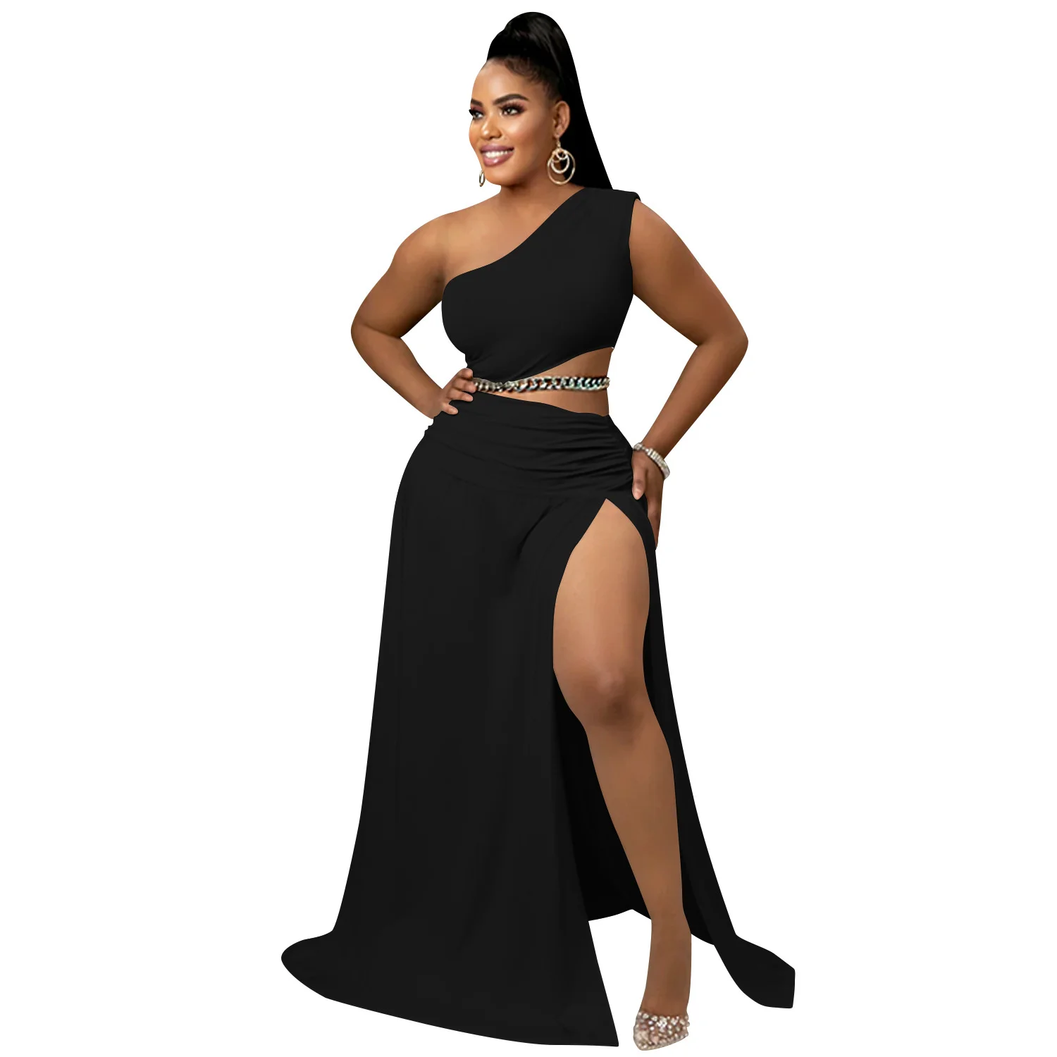 

Платье-Макси женское ажурное с открытыми плечами и разрезом