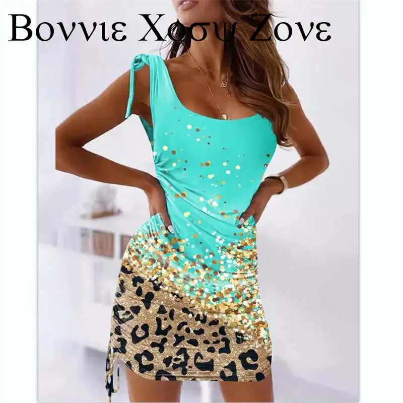 

Dress For Women 2023 U-Neck Thick Strap Contrast Leopard Print Tie Detail Ruched Casual Dress