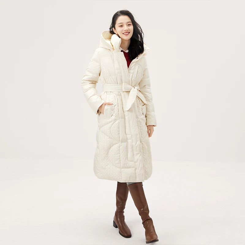 Winter Hooded Puffer Jacket  Long  90%  White Duck Down  High Street  Adjustable Waist  Coat Women  Jackets for Women