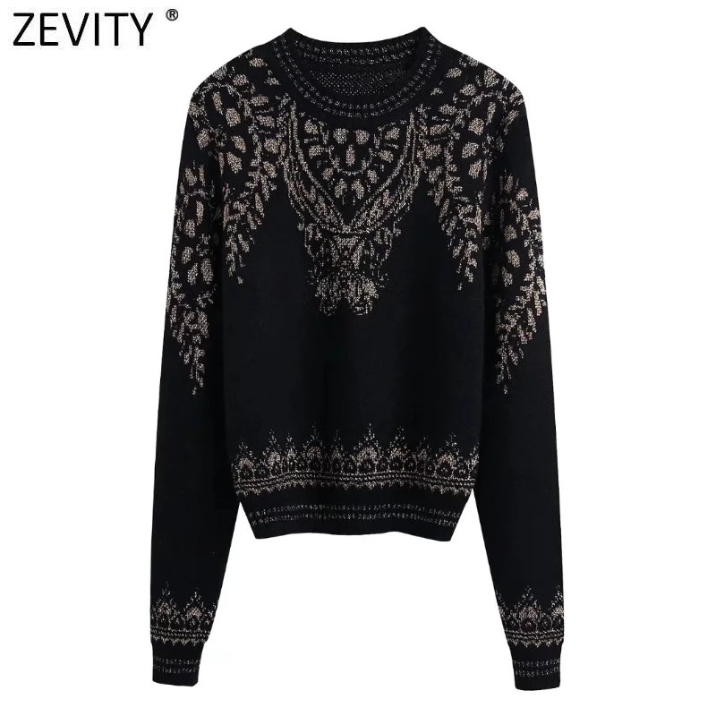 

Zevity New Women Fashion Metal Line Retro Floral Jacquard Casual Knitting Sweater Female Chic Long Sleeve Pullovers Tops SW1066