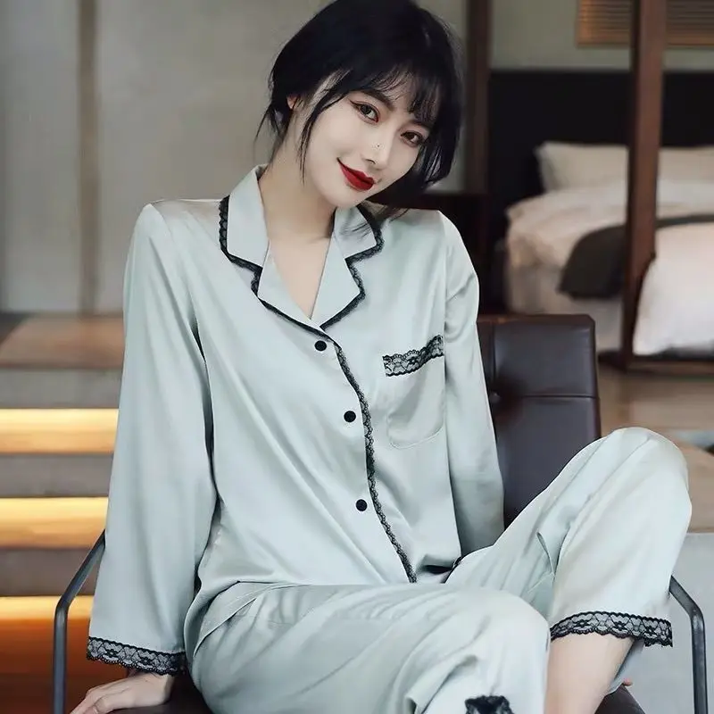 Spring and Summer New Ice Silk Pajamas Women's Long Sleeve Thin Style High Beauty Home Furnishing Women's Silk Lace Upscale Set