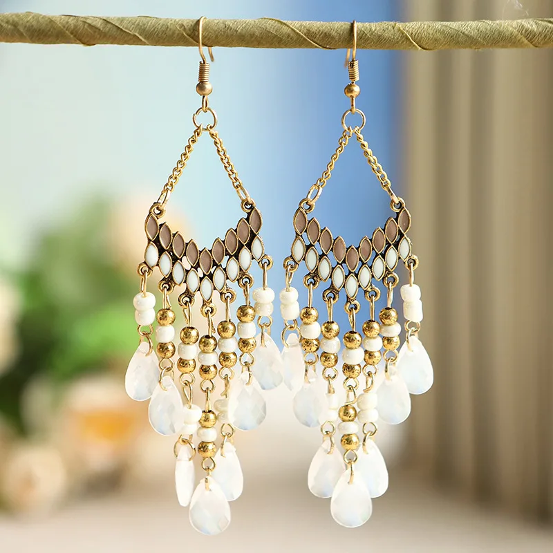 

Bohemian Antique Gold Color Long Water Drop Tassel Earrings for Women Vintage Colorful Geometric Drop Dangle Earrings Jewelry