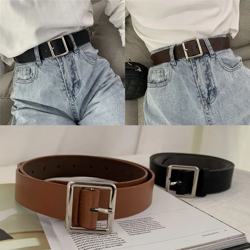 

2021 Pu Lederen Riem Voor Vrouwen Vierkante Gesp Pin Gesp Jeans Zwarte Riem Chic Luxe Merk Fancy Vintage Riem Vrouwelijke riemen