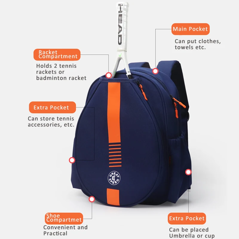 GreatSpeed Tennis Bag Badminton Backpack for 2 Tennis Rackets Men's and Women's Adult Children Youth Backpack