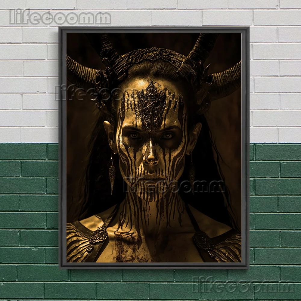 Портрет дьявола с длинными рогами винтажный настенный художественный холст