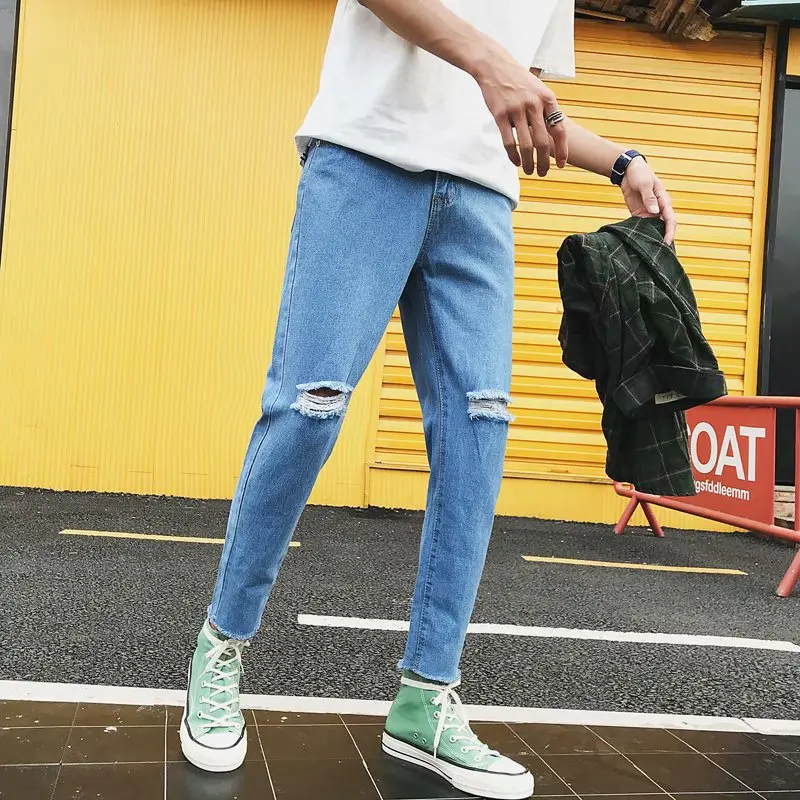 Top Quality 2022 Fashion Teenager Casual Men's Knee Hole Design Light Blue Hip Hop Leisure Ankle Length Jeans Men Erkek Pantolon