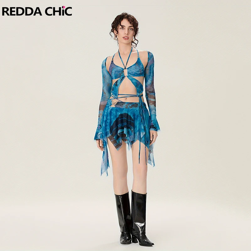 Фото REDDACHiC Богиня комплект из 3 предметов, сетчатый укороченный топ с длинными рукавами и открытой спиной, бандажная мини-юбка, эстетичная женская одежда для вечеринок и концертов №1
