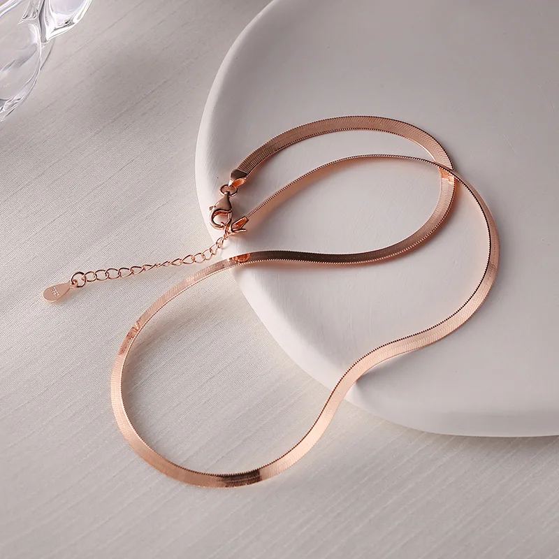 Silvology Real 925 Sterling Silver Flat Snake Chain Chokers for Women Rose Gold Wide Version Clavicle Necklace Simple Jewelry