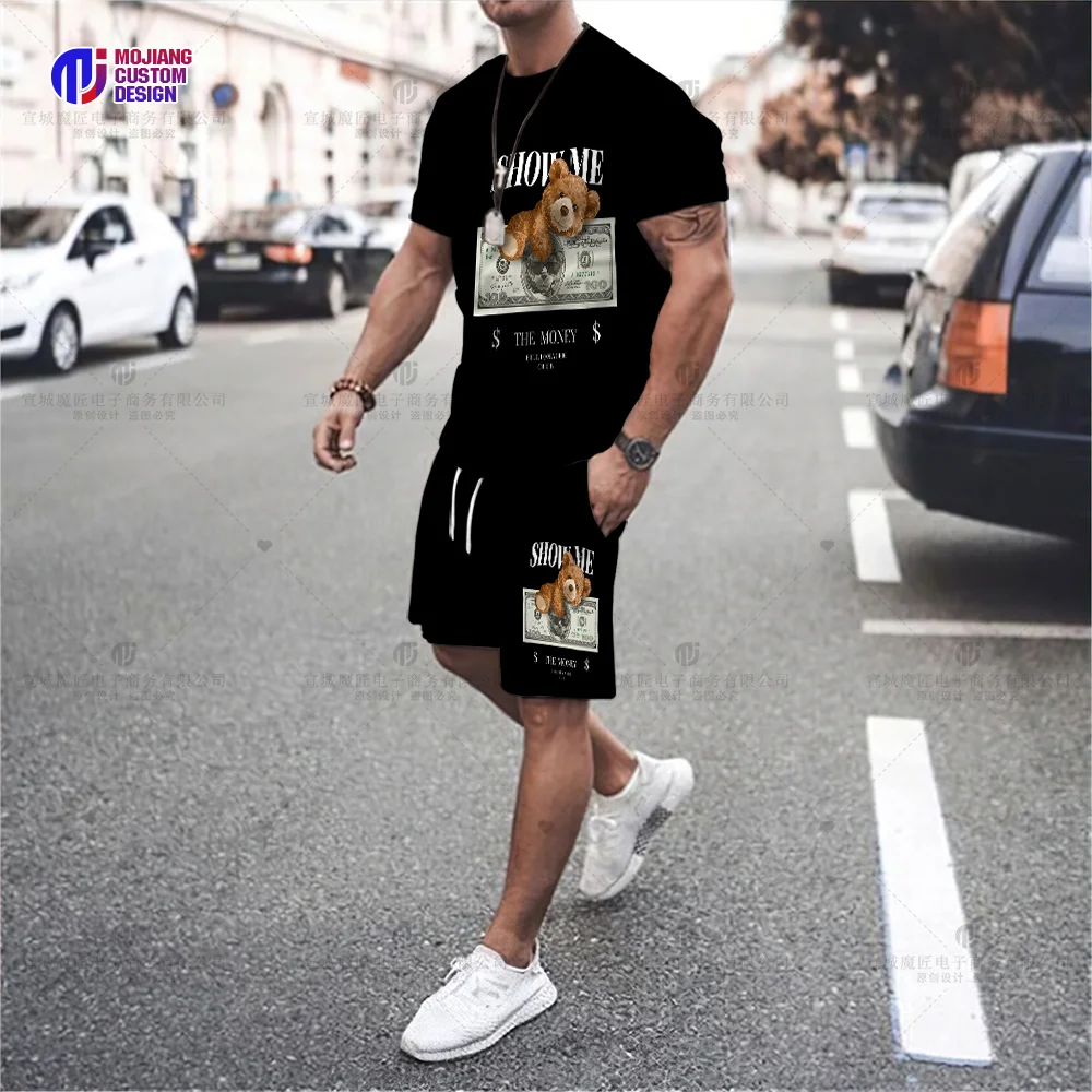 Men's Fun Bear Print T-Shirt Set Fashion Hip Hop Harajuku Short Sleeve Top Casual Oversized O Neck Street Shorts Clothing