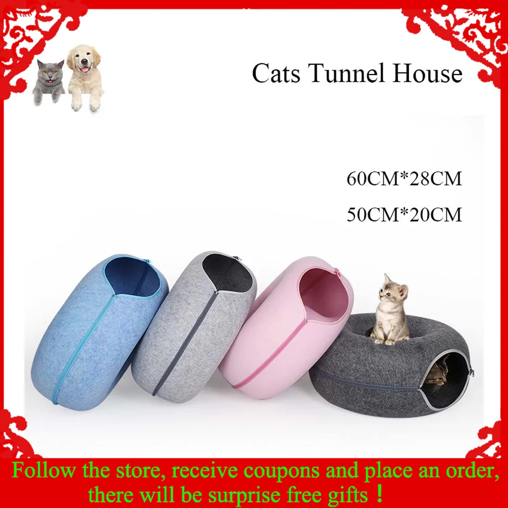

Cats House Basket Natural Felt Pet Cat Tunnel Cave Beds Washable Round Nest with Cushion Mat Pets Supplies for All Seasons