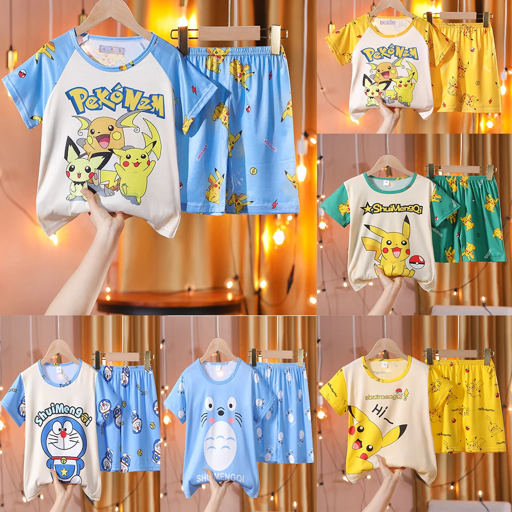 

Pokemon Pikachu HelloKitty Summer Children Pajamas Set Short Sleeve T Shirt Pyjamas Boy Girls Pijamas Cartoon Baby Sleepwear