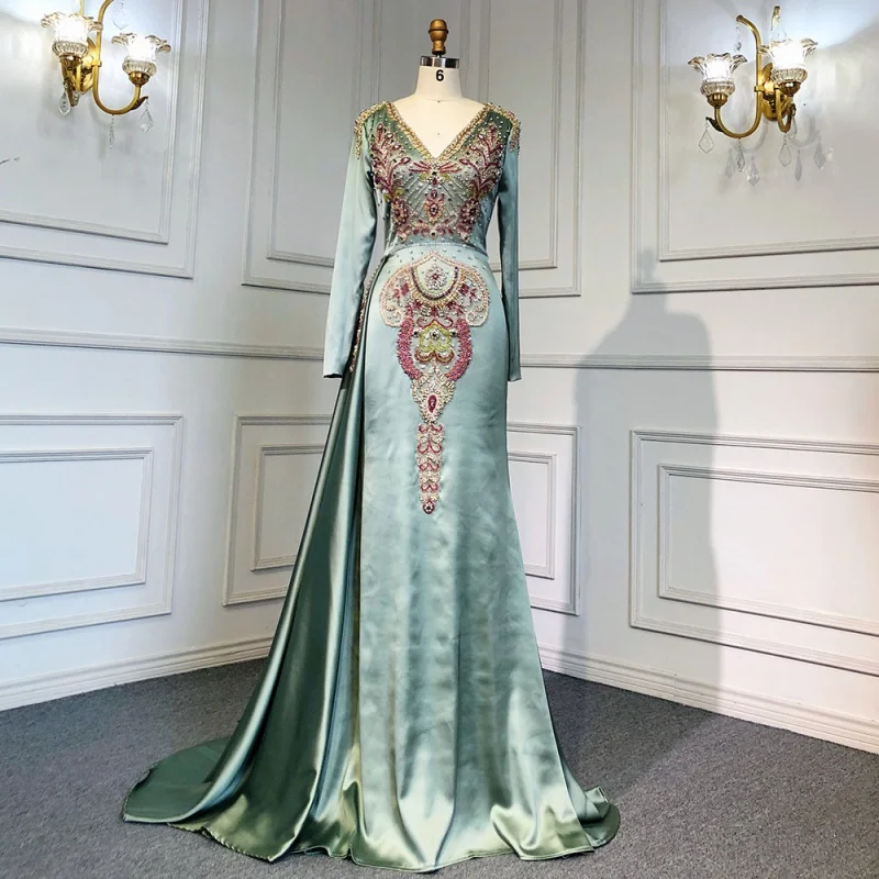 

Green Mermaid Muslim Long Sleeves Elegant Evening Dresses Customized OEM/ODM Beaded Formal Event Gowns With Sideskirt 2023