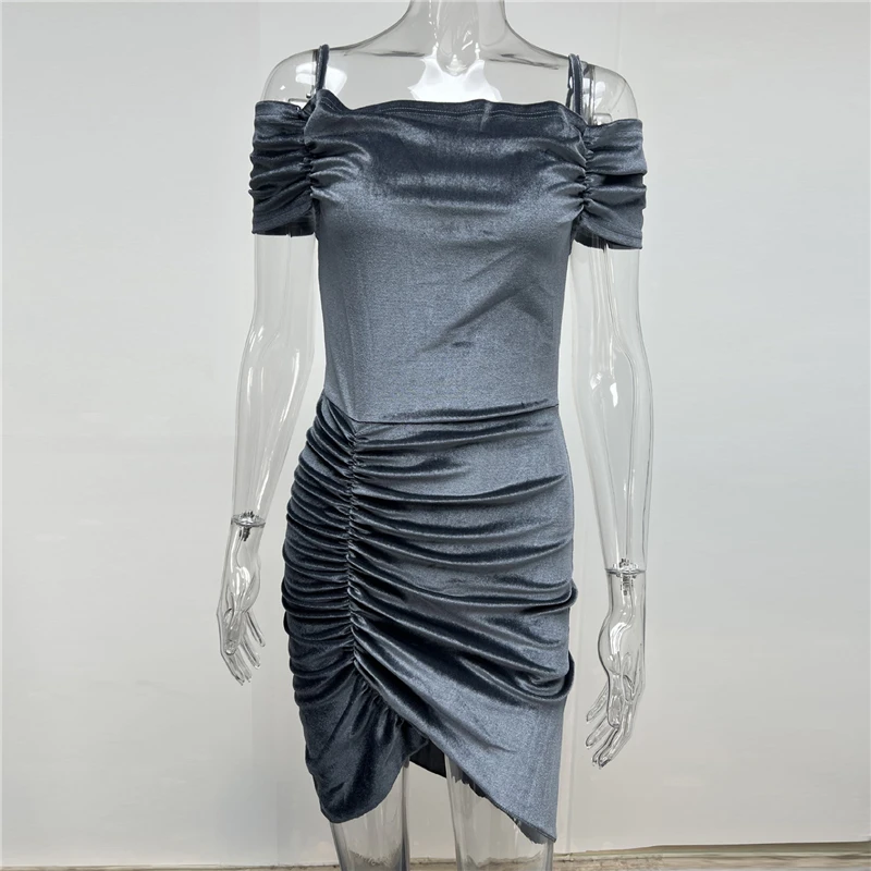 

Fashion Women's Solid Color Sexy Slim Halter Velvet Drawstring Irregular Dress Tie Style Sleeve Strapless New