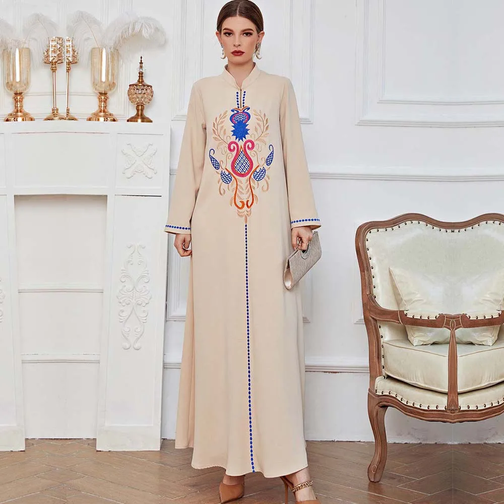 

Ramadan Dress Women Stand-neck Embroidered Long-sleeve Maxi Dress Muslim 2022 Kaftan Abayas Djellaba Kaftan Moroccan Vestidos