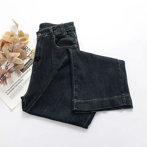 Модные женские джинсы больших размеров, осень 2023, новые простые качественные эластичные джинсовые прямые длинные брюки K005
