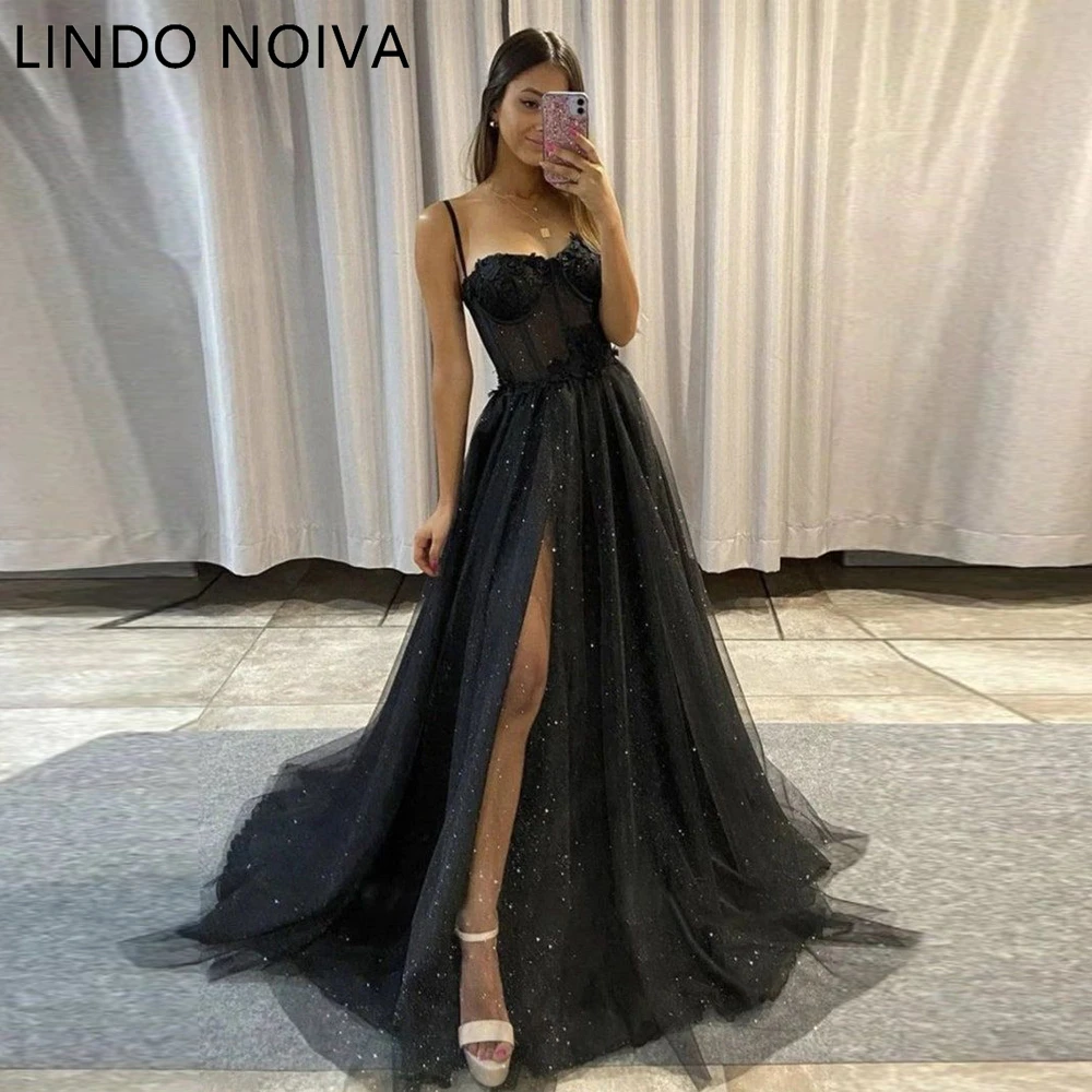 

Sparkly Tulle Prom Evening Dresses Lace Spaghetti Strap Party Dresses Prom Teen Girls Graduation High Side Slit Sleeveless 2023