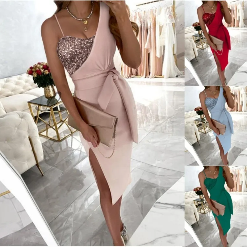 

2022 One Shoulder Patchwork Dress Elegant Sequins Office Commute Midi Dress Fashion Waisted Lace Up Hip Wrap Pencil Dress New