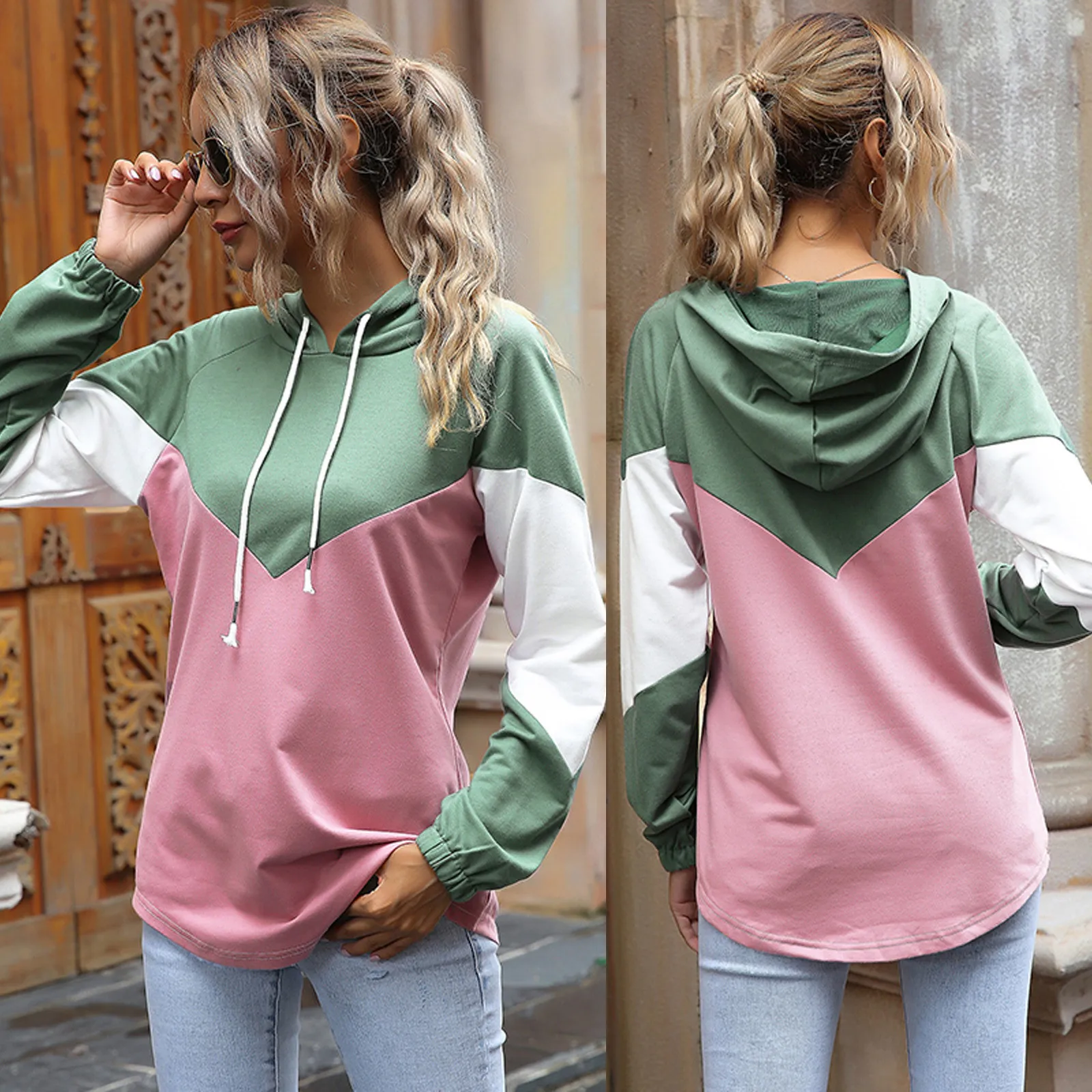 

Pieced Women's Fashion Is With A Long Together Sleeve Cuff Hoodie Women's Comfy Sweatshirt Women V Neck Long Sleeve Fleece