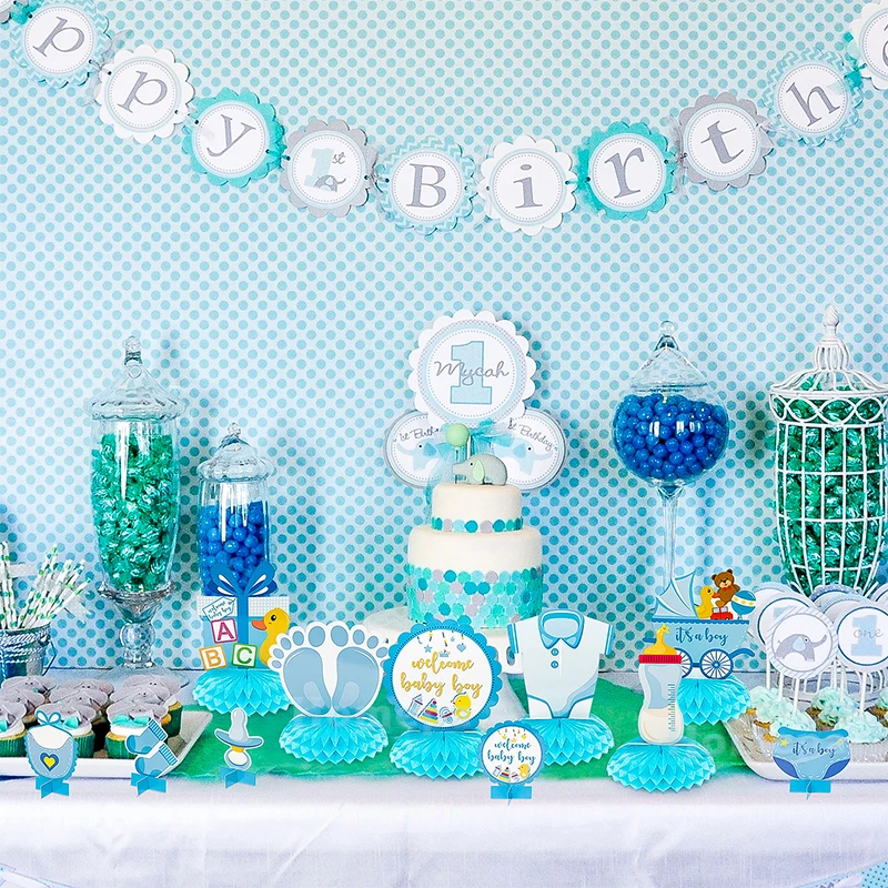 

12Pcs/set Blue honeycomb ball Centerpieces Bottles Stroller Onesies Topper Gender Reveal Party Decoration Birthday for Baby