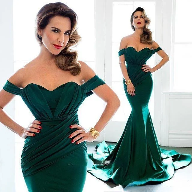 

Emerald Formal Evening Dresses Off Shoulder Chapel Train Satin Plus Size 2019 Arabic Long Dresses Bridesmaid Prom Gowns Custom