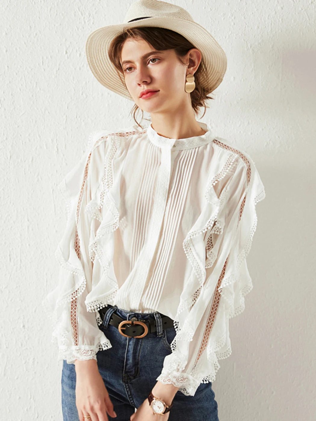 

Elegant Mesh Cotton Fashion Blouses Women Spring V Neck Petal Sleeve Ruffles Hollow Out Loose Shirts Female French Casual Tops
