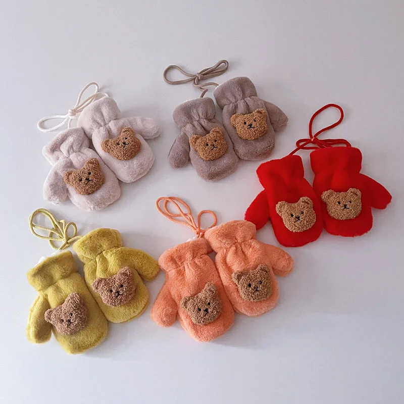 

Детские варежки с пальцами на 1-5 лет, Осень-зима, милые детские перчатки с изображением медведя и животного, утепленные Мягкие флисовые варе...