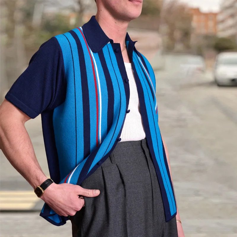 

Men Polo Shirts T-shirt Summer Loose Striped Cardigan T-shirt Coat Men Short Sleeve Single-Breasted Turn-Down Collar Polo Shirts