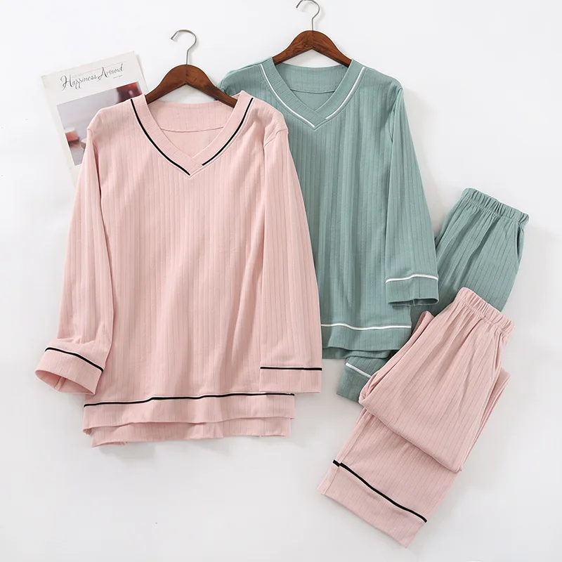 

Женская Хлопковая пижама с V-образным вырезом, с длинным рукавом