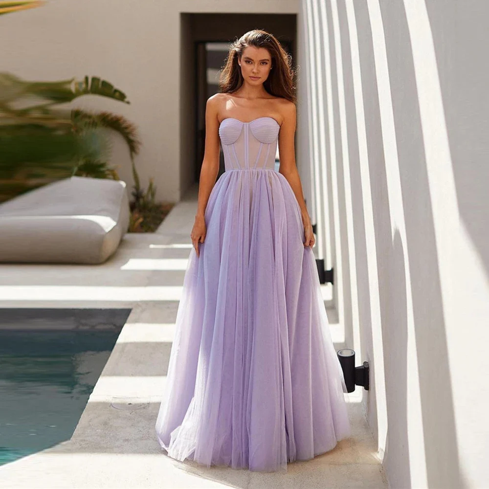 

Long Lilac Evening Dress For Women 2022 A-Line Navy Elegant Prom Gowns Tulle Sleeveless Pleat Zipper Back Wedding Party Dress