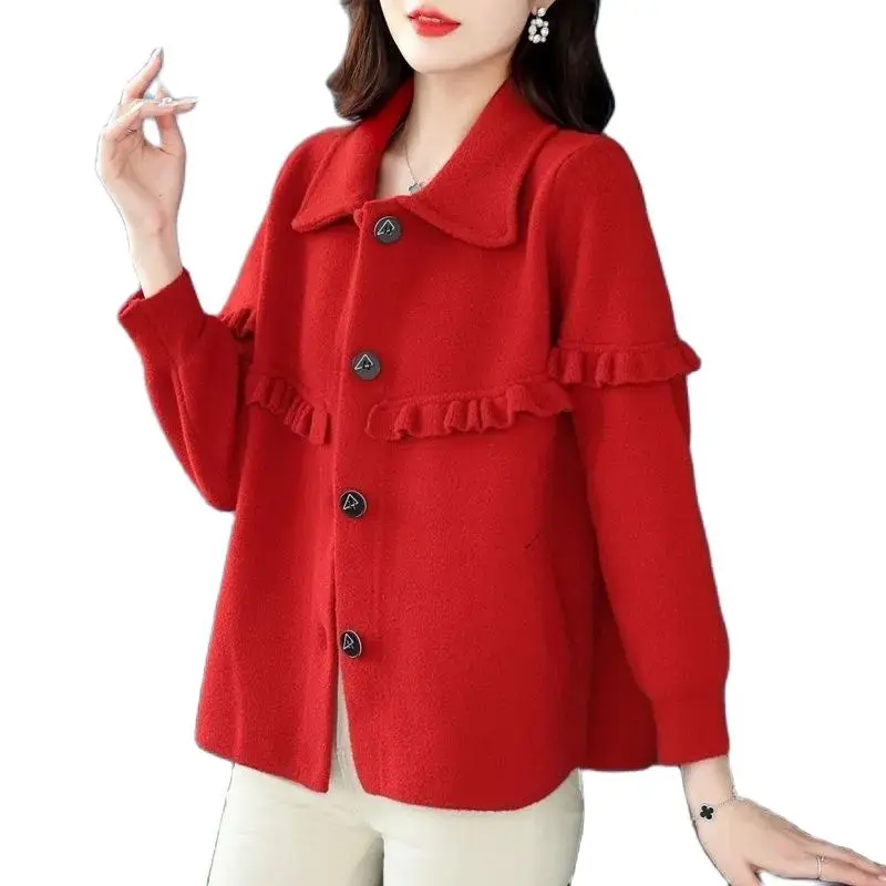 

Woolen Jacket Ladies Spring And Autumn Clothes 2023 New Thick Explosions Wooden Ear Fashion Temperament Women Coat Clothes