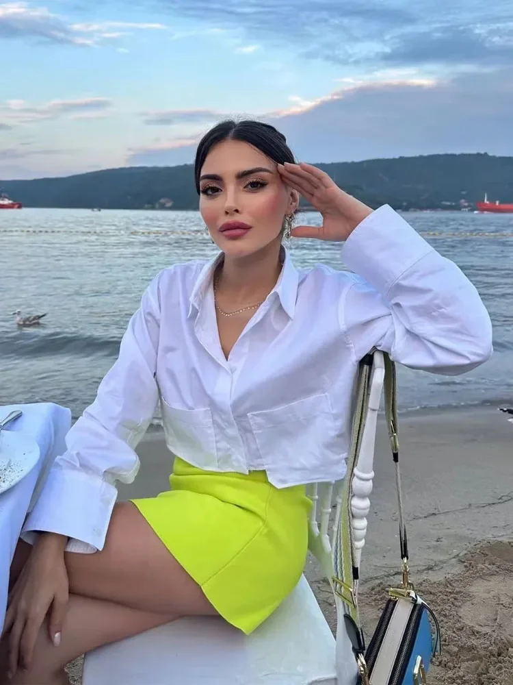 Новая женская укороченная рубашка модная блузка 2025 г. белые синие полосатые