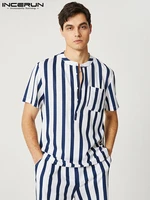 casual holiday style new mens sets striped short sleeve shirts shorts suit handsome male sexy suit 2 pieces s 5xl incerun 2022