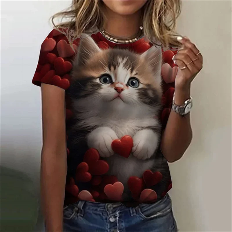 Фото Футболка женская с круглым вырезом, модный топ с 3D-принтом милого кота, с коротким рукавом, Уличная Повседневная простая одежда, на лето №1