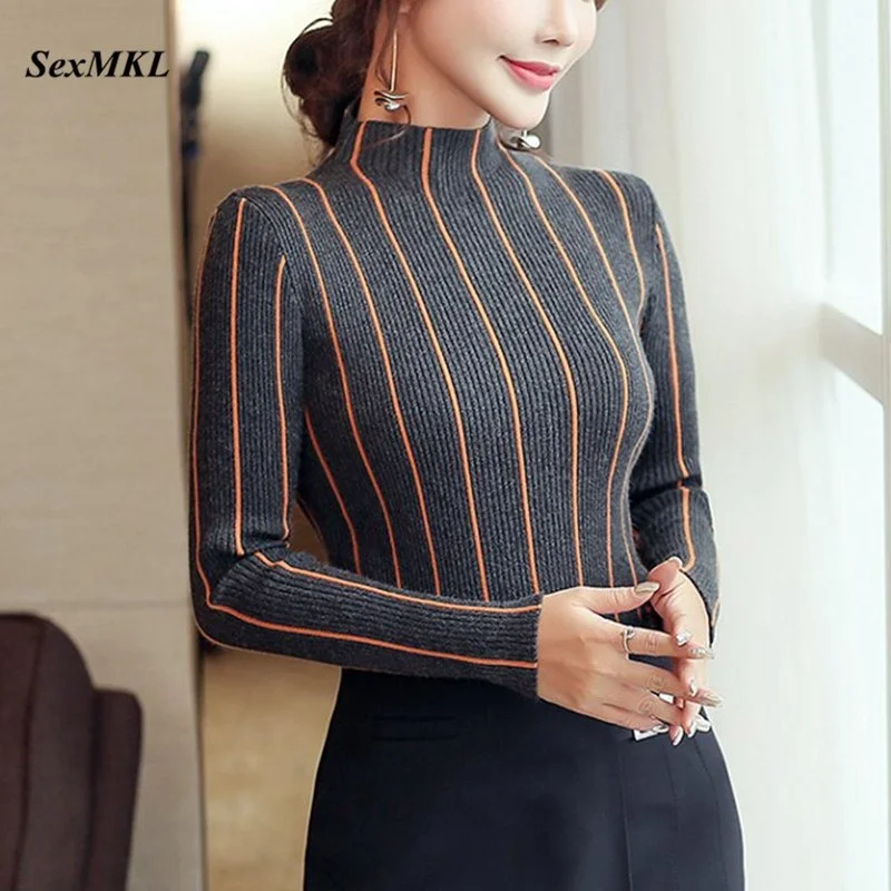 

SEXMKL Striped Turtleneck Pullover Women 2022 Winter Thick Sweater Red Korean Ladies Office Knitted Sweater Black Top Pull Femme