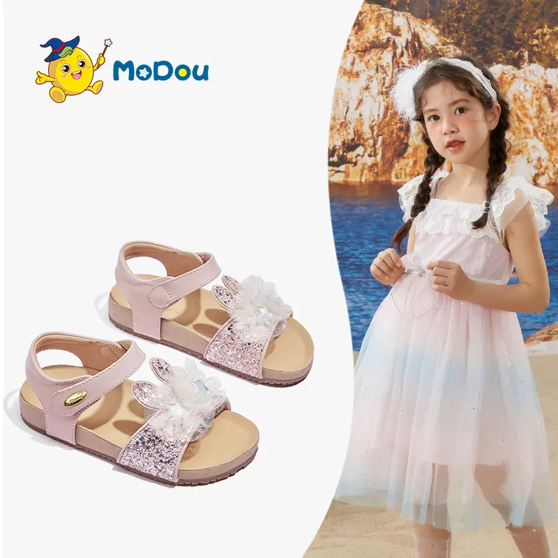 

Кожаные сандалии Mo Dou для девочек, мягкая обувь принцессы, с блестками и кроличьими ушками, с открытым носком, со звездами, в западном стиле, Нескользящие